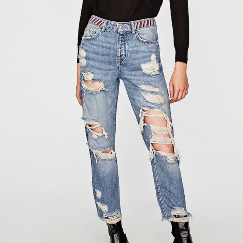 Zara distressed boyfriend jeans, beaded belt